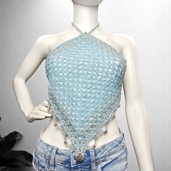 🌊 Sky Blue Crochet Halter Top – Lightweight & Lined - Picture 2 of 8